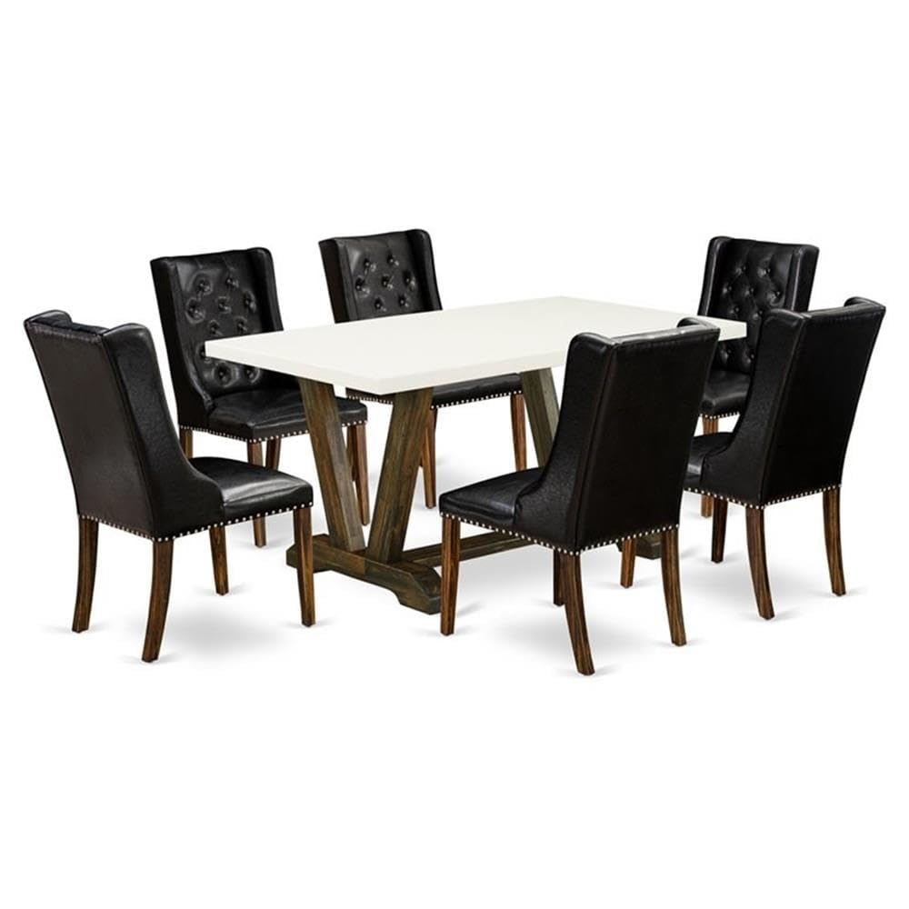 7 Piece Dining Table Set with 6 Black Faux Leather Chairs A180