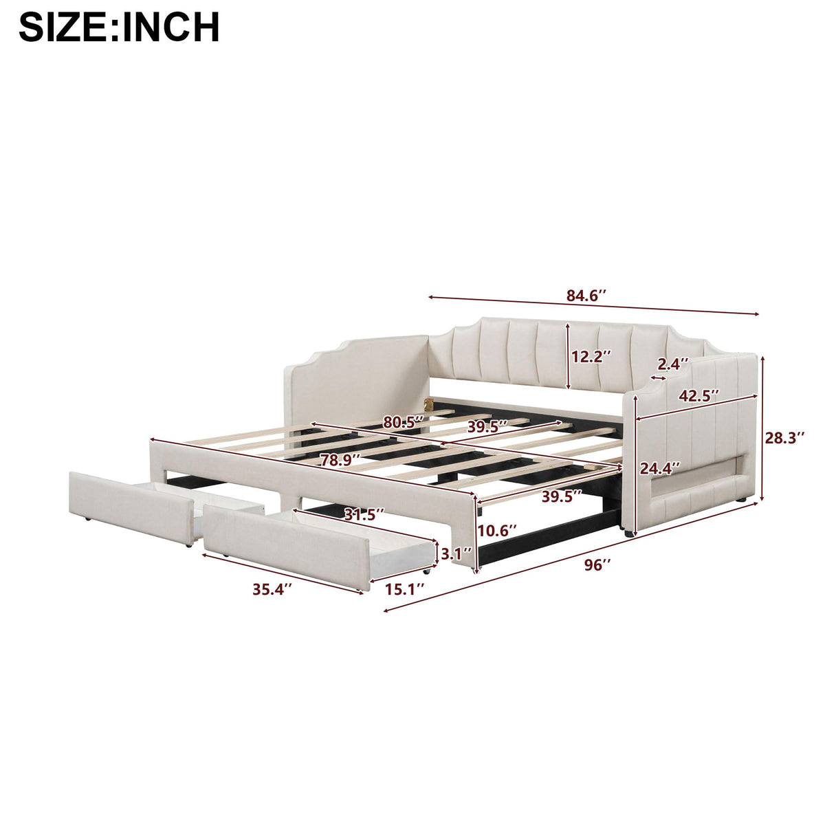 Twin XL to King Size Upholstered Daybed with Trundle and 2 Storage Drawers F882892