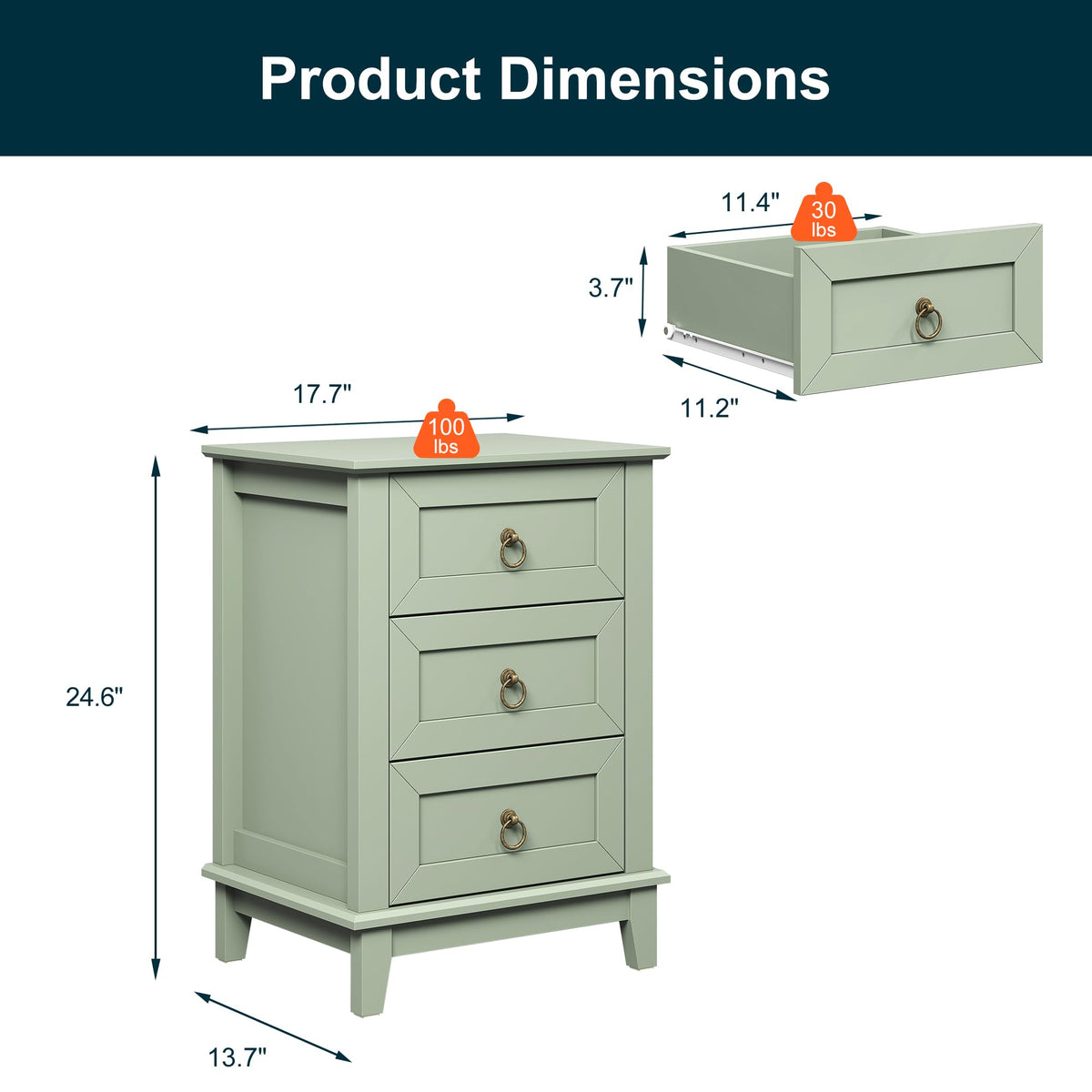 Tall Wooden Nightstand Set of 2 with 3 Drawers K5220