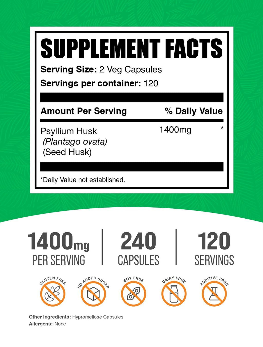 Psyllium Husk Fiber Capsules Vegan Gluten Free 240 Veg Capsules G7542