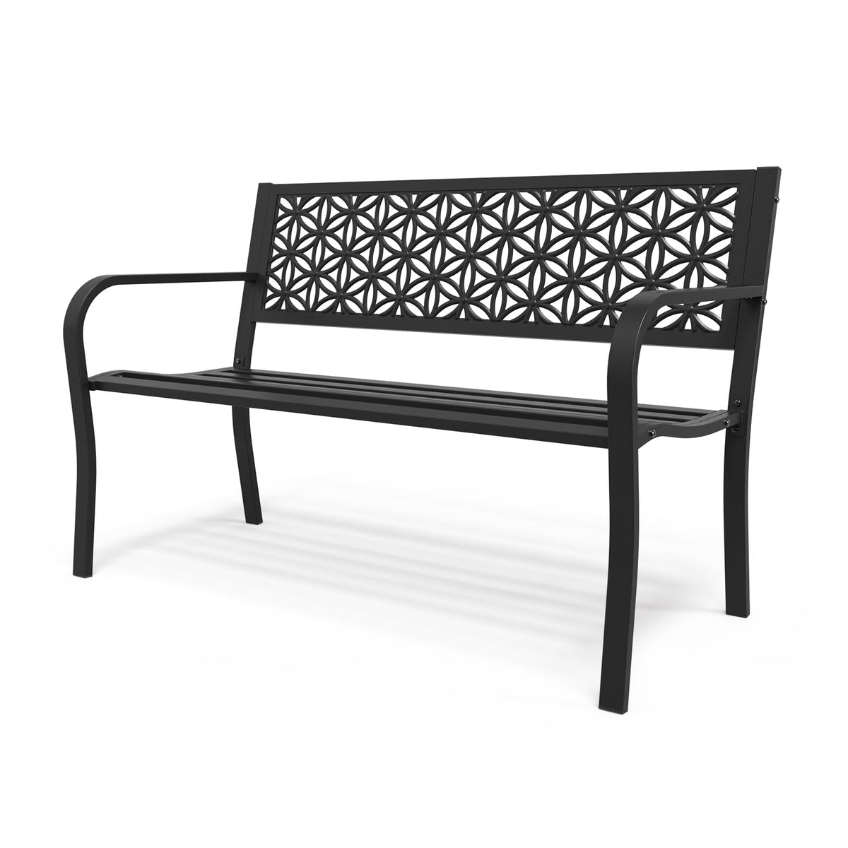 50" Black Metal Outdoor Bench with Floral Back H8898