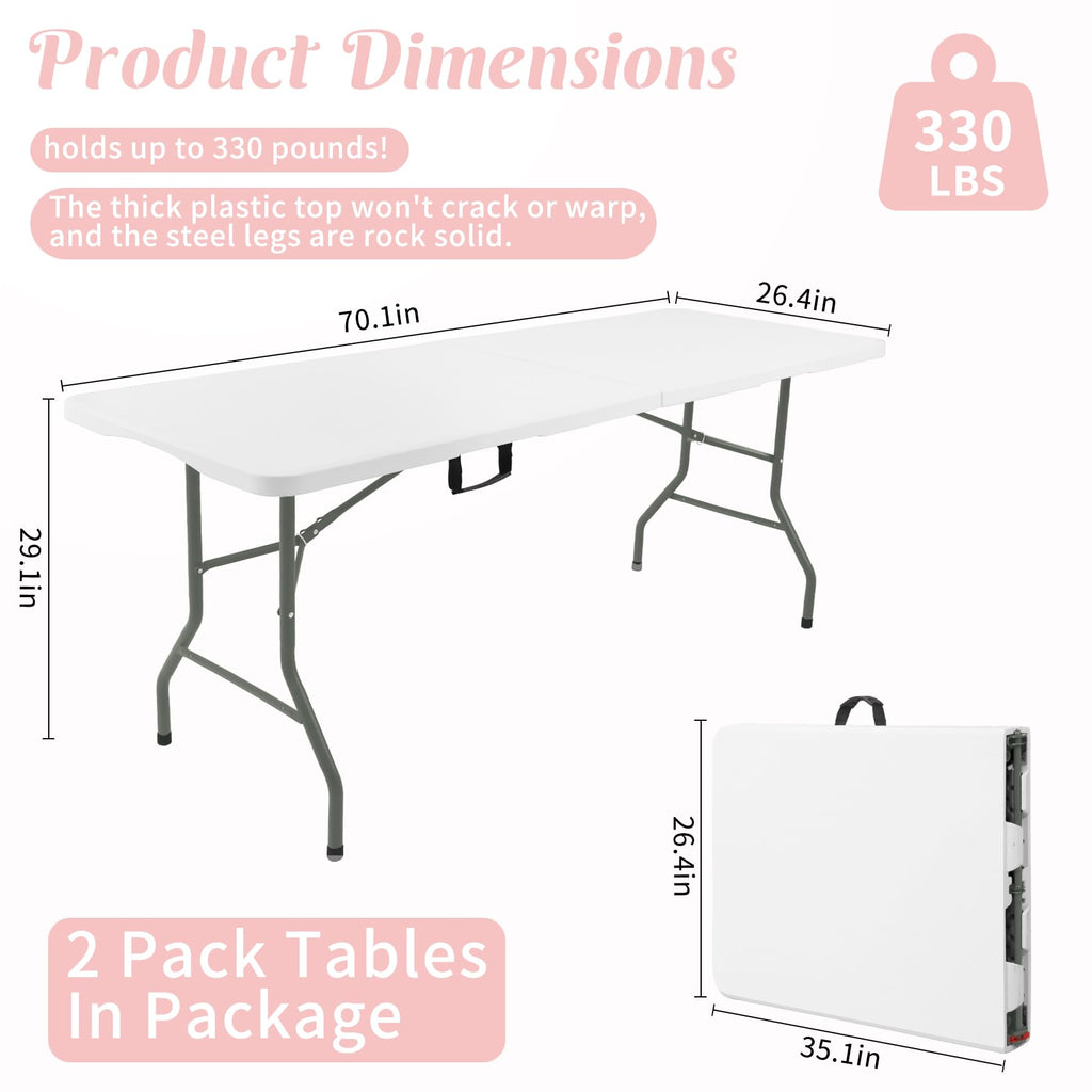 2 Pack 6 Feet Portable Folding Table White Plastic V5741