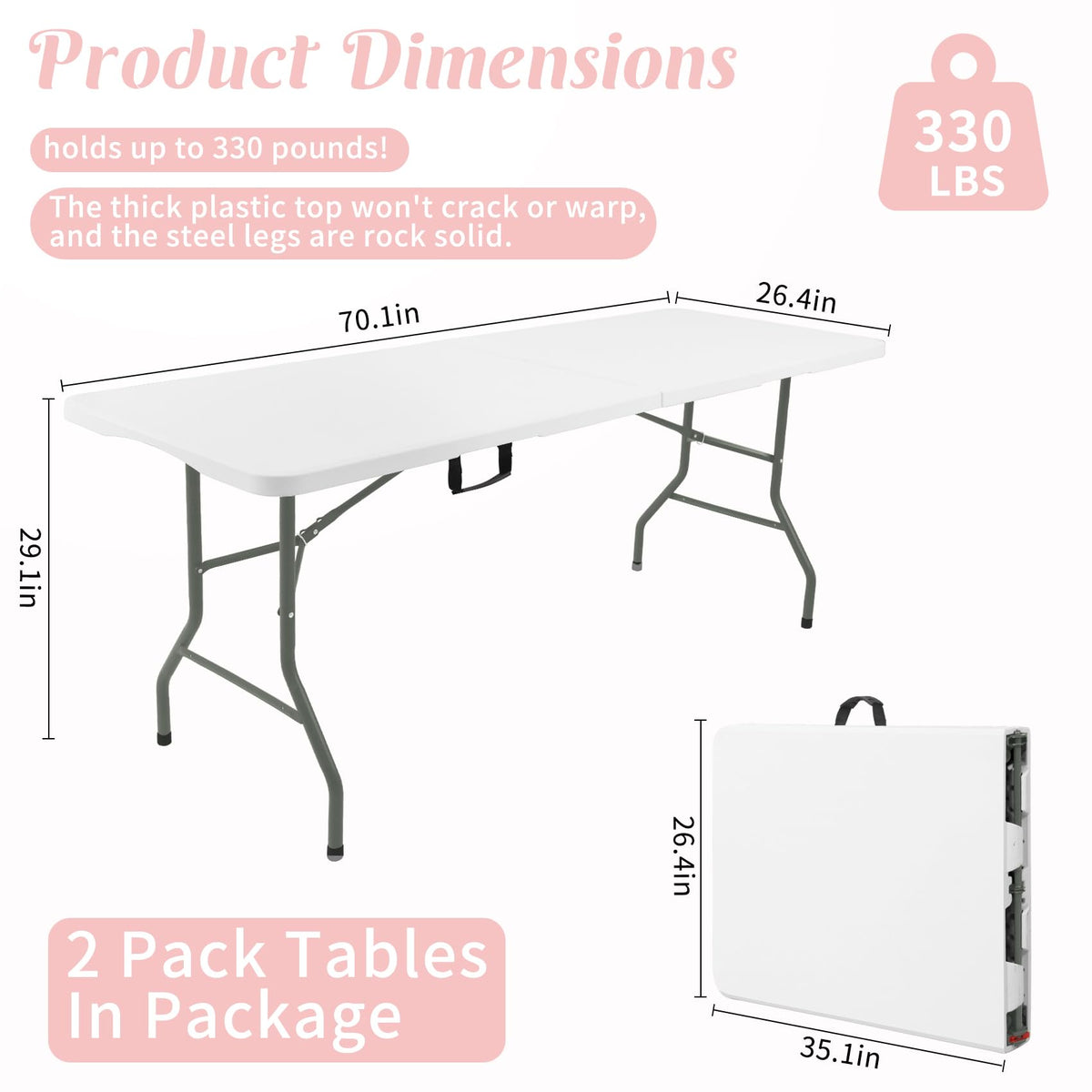 2 Pack 6 Feet Portable Folding Table White Plastic V5741
