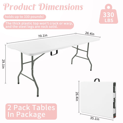 2 Pack 6 Feet Portable Folding Table White Plastic V5741
