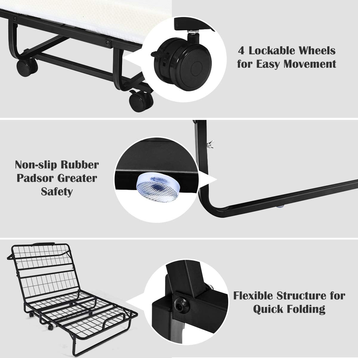 Folding Bed with Mattress Twin Size Metal Frame Memory Foam Y179