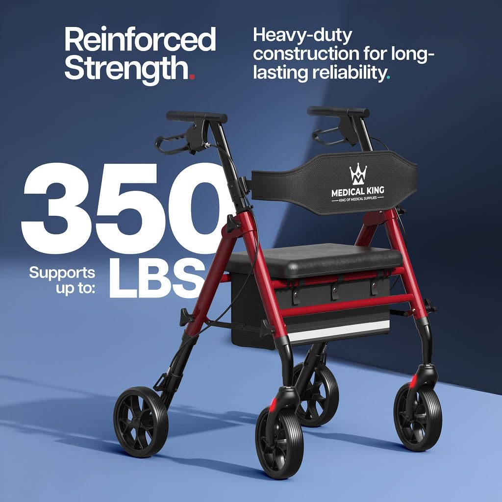 Foldable Rollator Walker with Seat, 8" Wheels, Red F556