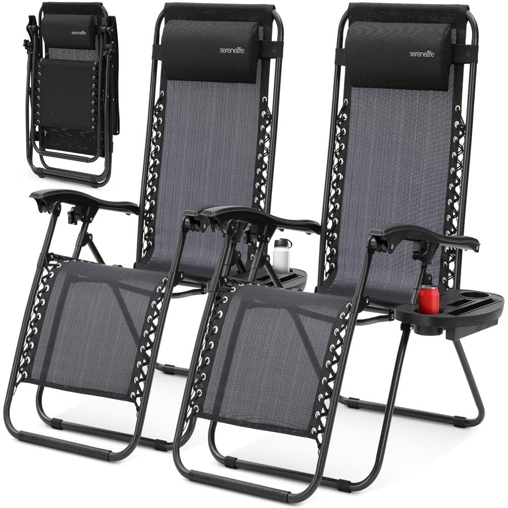 2 Pack Black Zero Gravity Lounge Chairs with Side Table R13885