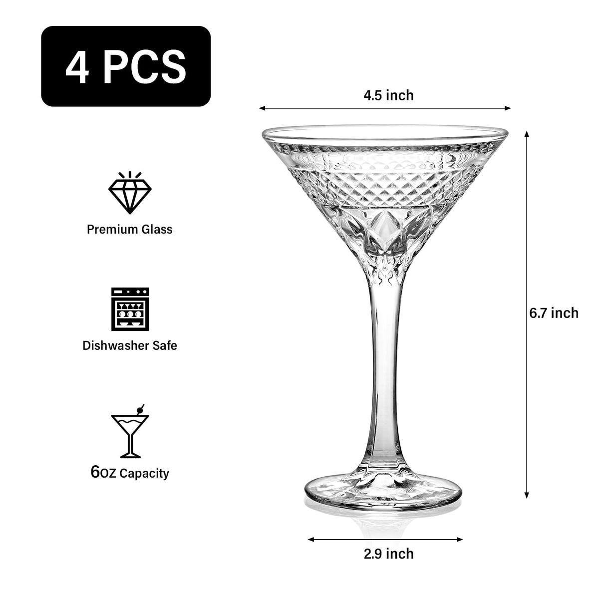 Martini Glasses Set of 4, 6oz Crystal Cocktail Glasses K1285