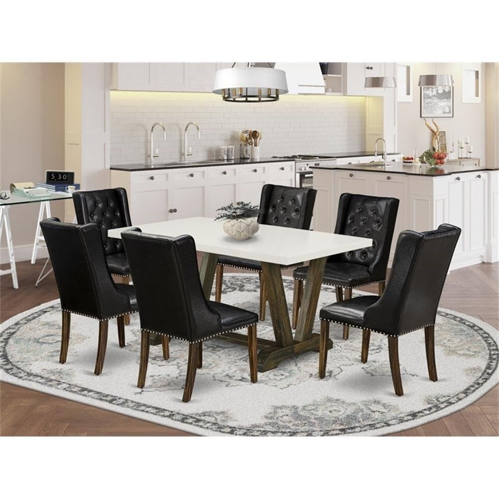7 Piece Dining Table Set with 6 Black Faux Leather Chairs A180