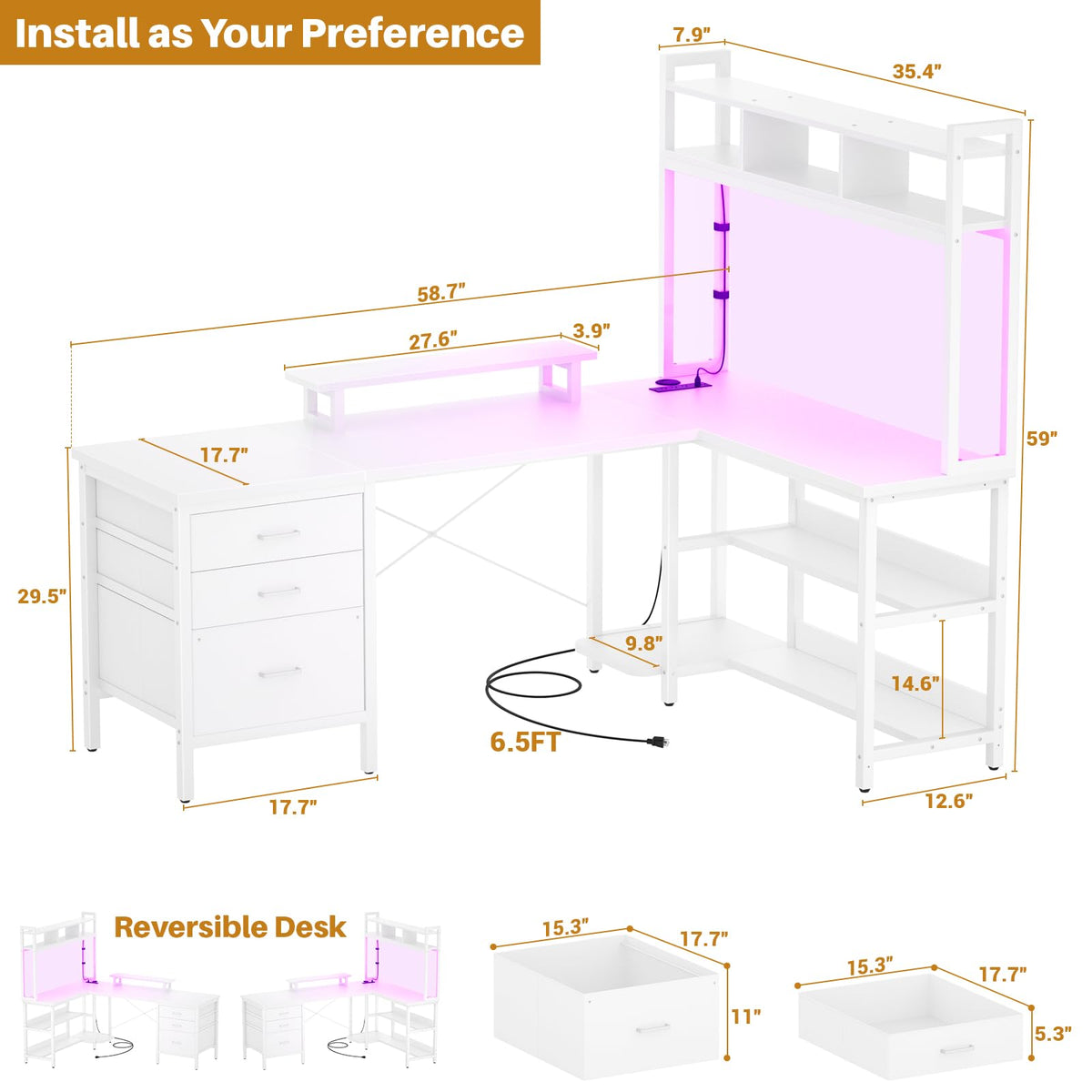 White L Shaped Gaming Desk with Hutch and Led Lights Y7582