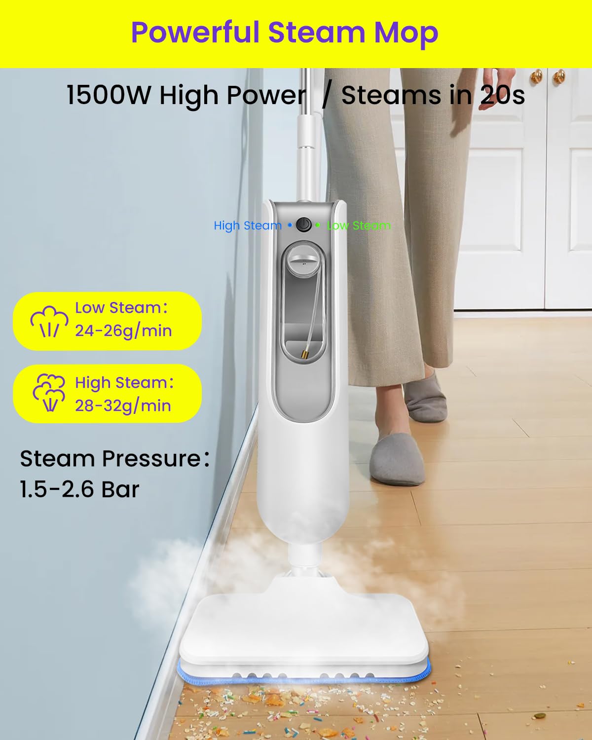1500W Steam Mop for Hardwood and Tile D298