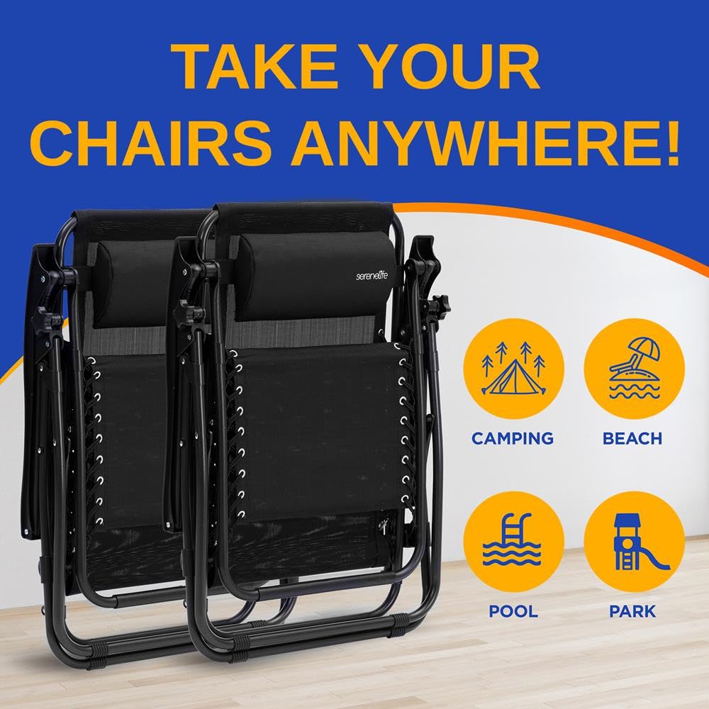 2 Pack Black Zero Gravity Lounge Chairs with Side Table R13885