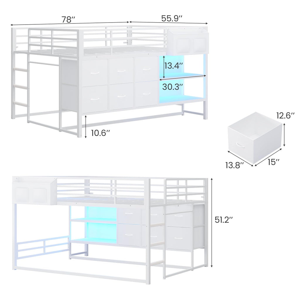 White Full Over Twin Bunk Bed with 6 Drawers and LED Lights N9241