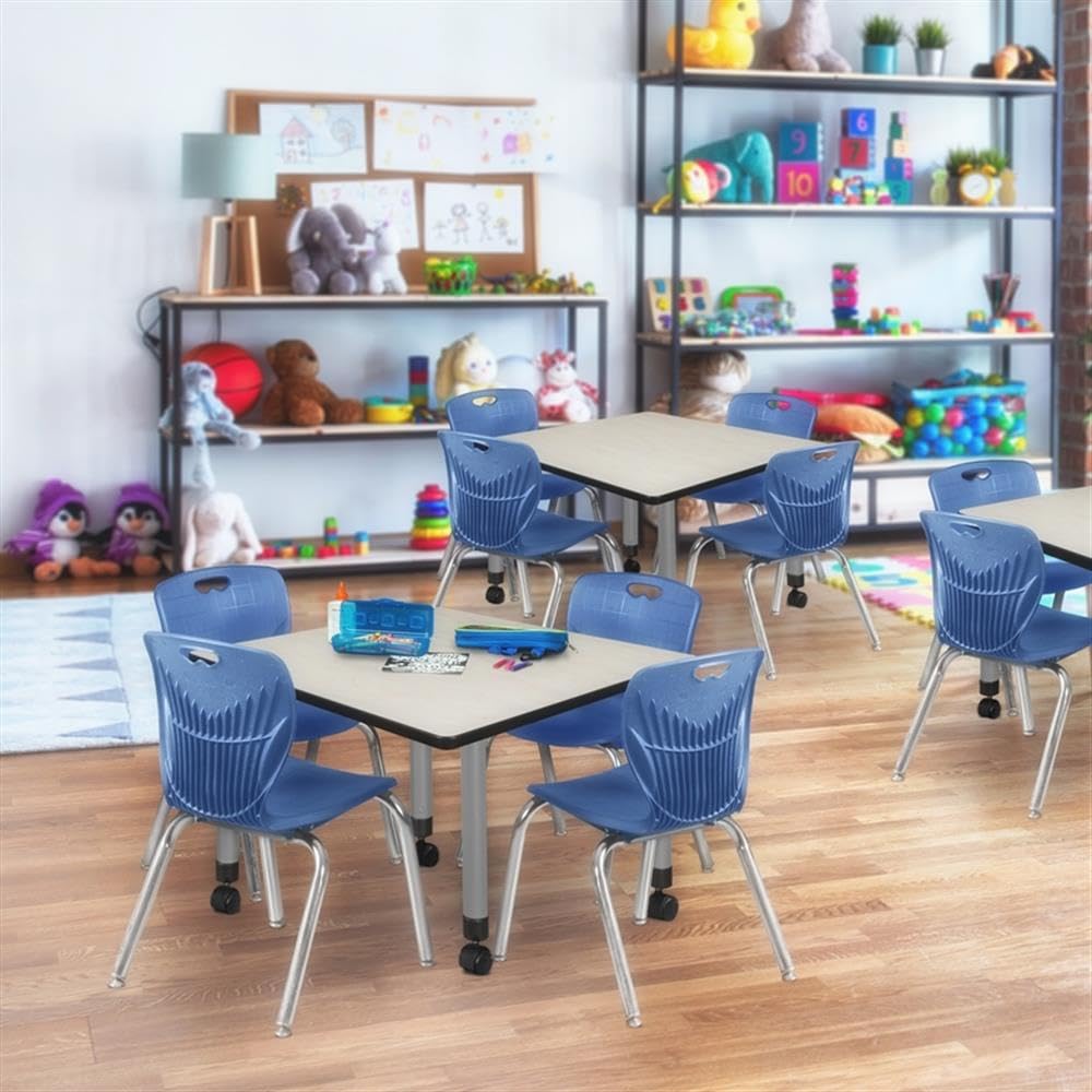 30" Square Mobile Table with 4 Blue Stackable Chairs G411