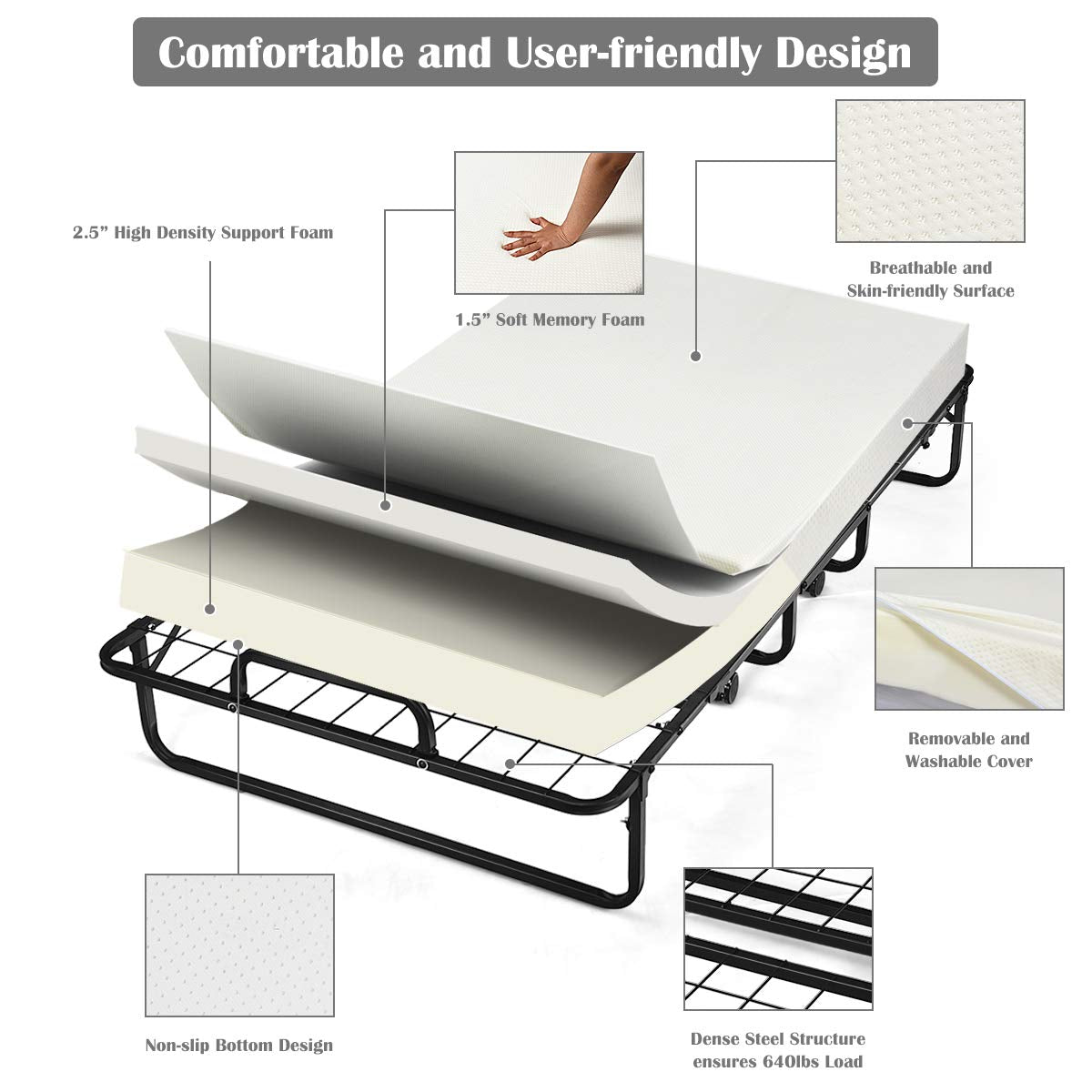 Folding Bed with Mattress Twin Size Metal Frame Memory Foam Y179