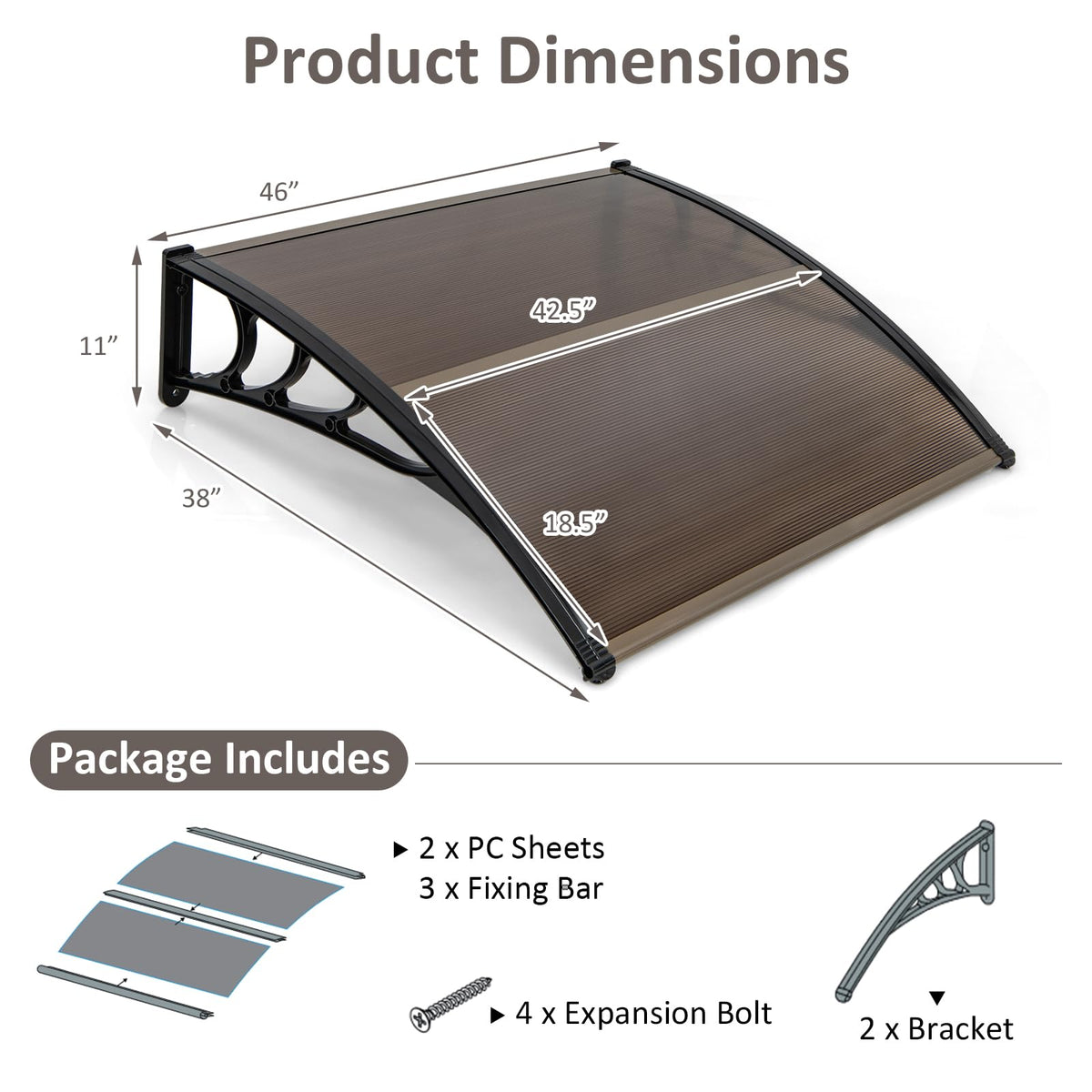 46”x38” UPF 50+ Polycarbonate Window Door Awning R79678