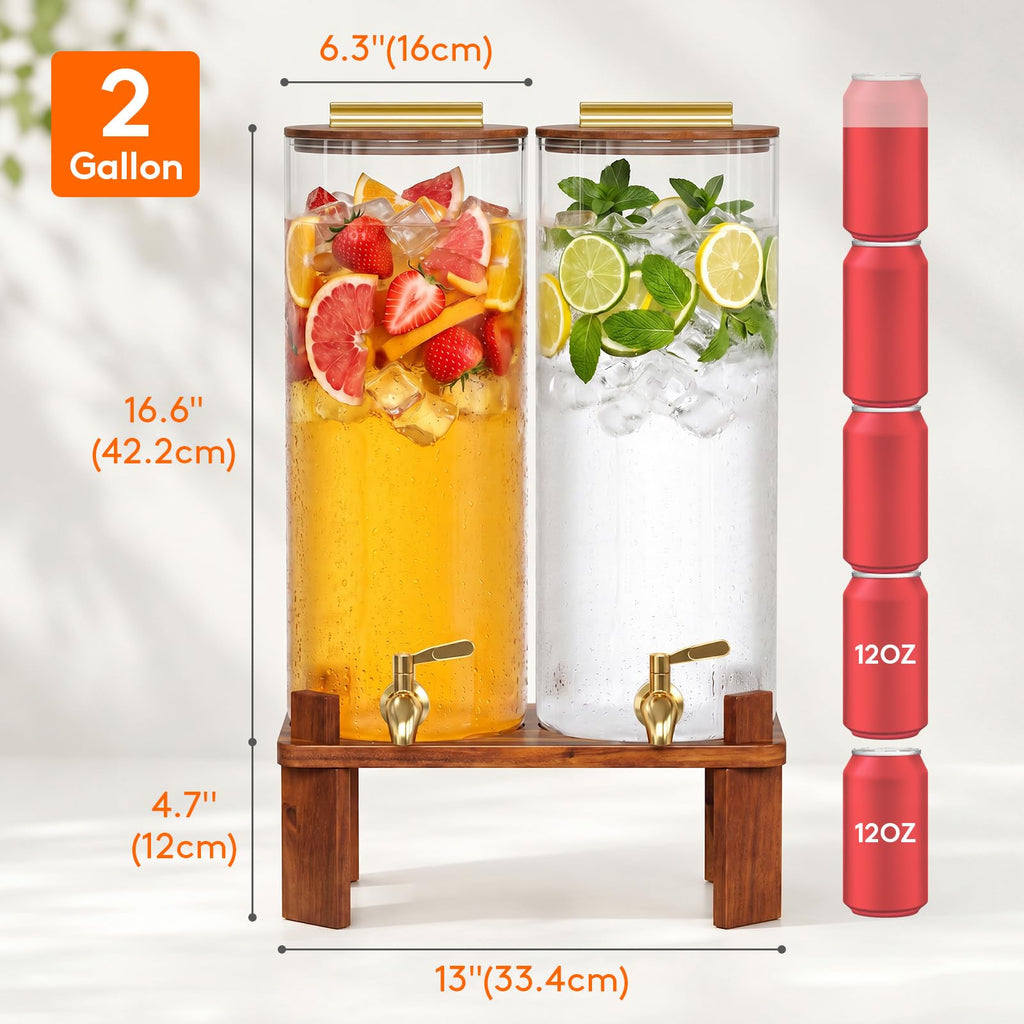 2 Gallon Glass Drink Dispenser with Wood Stand H656