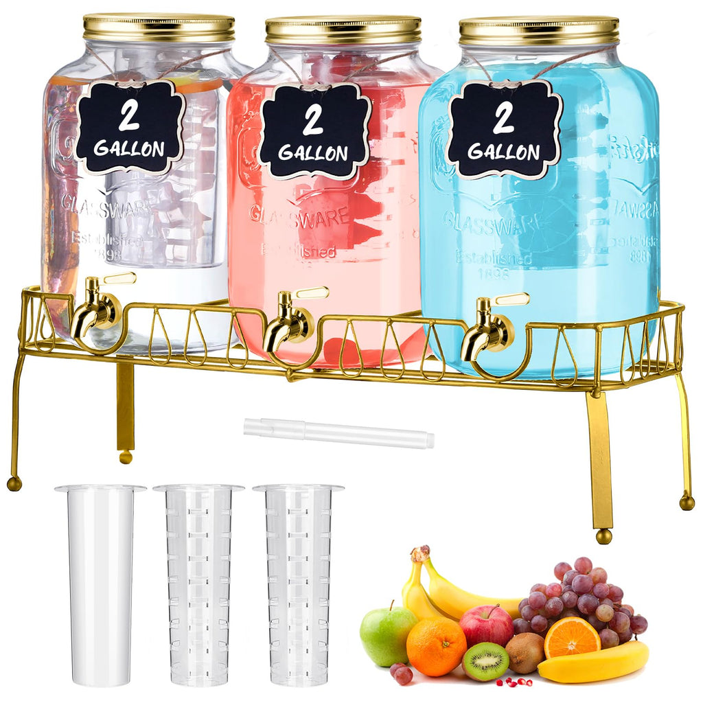 3 Pcs 2 Gallon Glass Drink Dispenser with Stand and Lid A301050