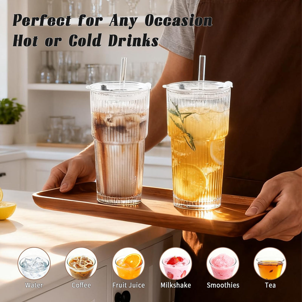 20oz Ribbed Glass Tumbler Set with Lids and Straws, 2 Pack U6176