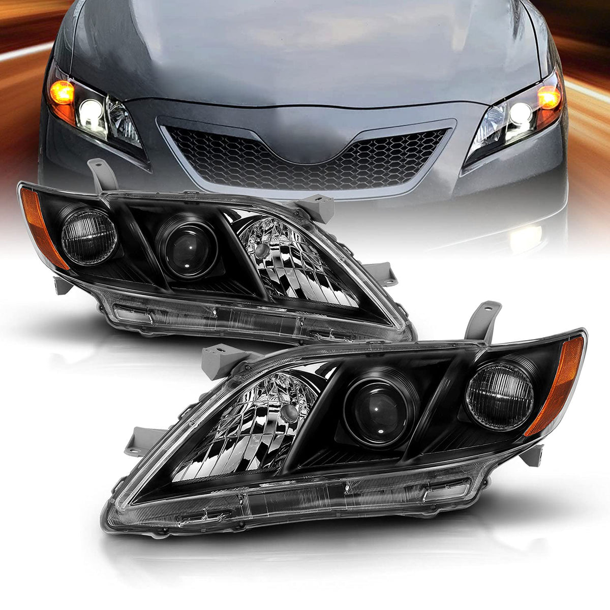 2007-2009 Toyota Camry Black Projector Headlight Assembly Pair Q7120