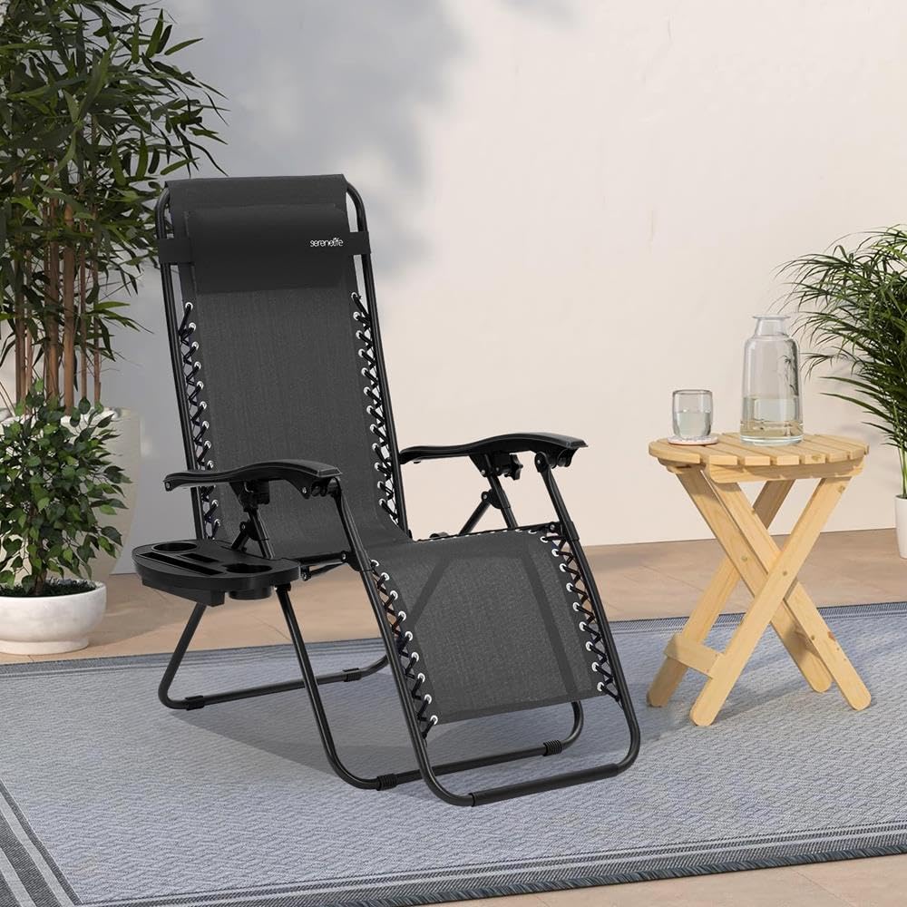 2 Pack Black Zero Gravity Lounge Chairs with Side Table R13885