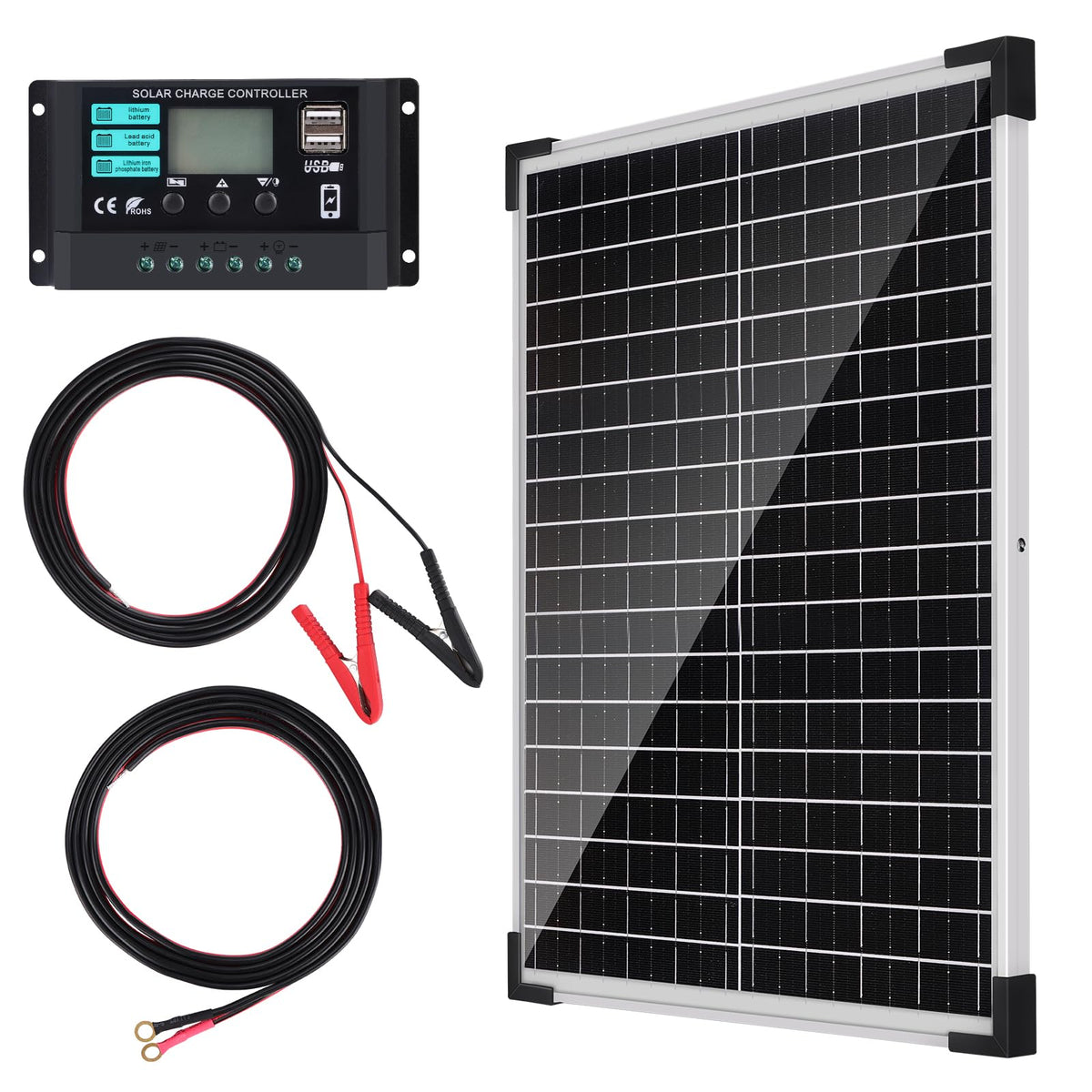 25W 12V Monocrystalline Solar Panel Kit with 10A Charge Controller A66809