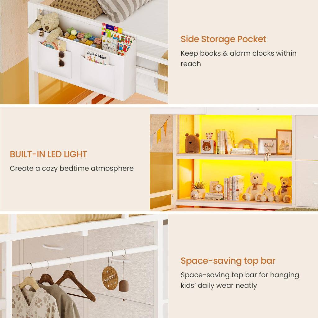 White Full Over Twin Bunk Bed with 6 Drawers and LED Lights N9241
