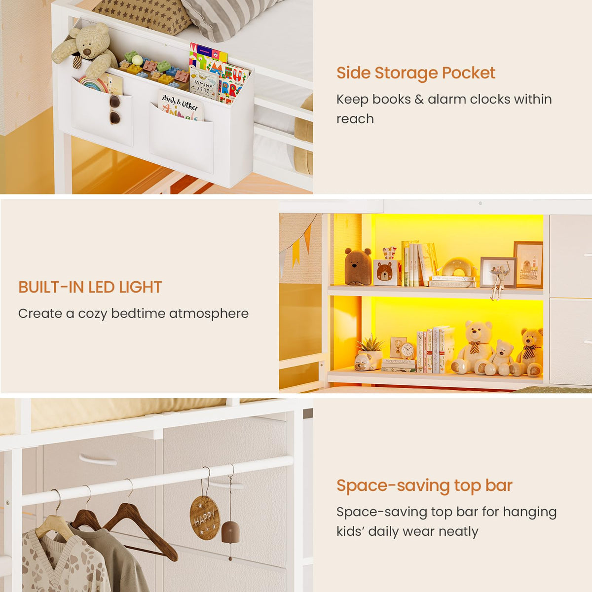 White Full Over Twin Bunk Bed with 6 Drawers and LED Lights N9241