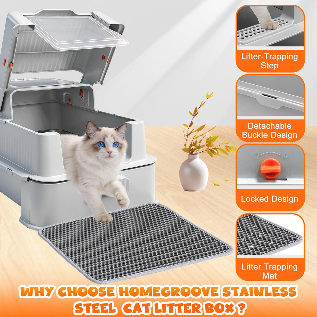 Enclosed Stainless Steel Cat Litter Box with Drawer R7234