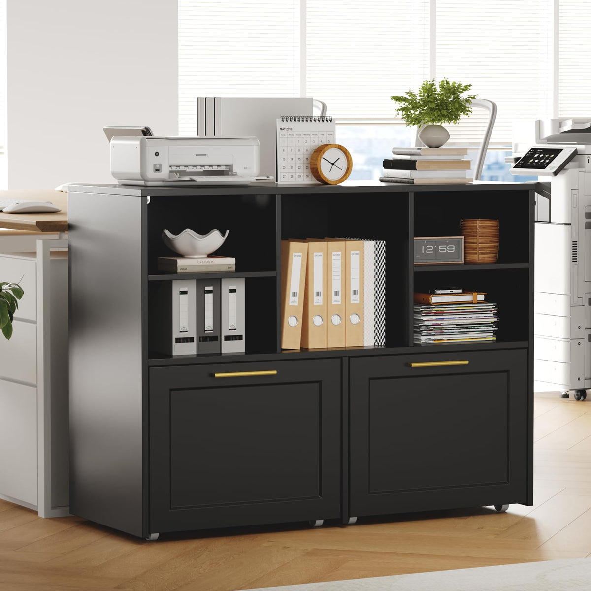 Black 2 Drawer Lateral File Cabinet with Open Storage Cubes K398