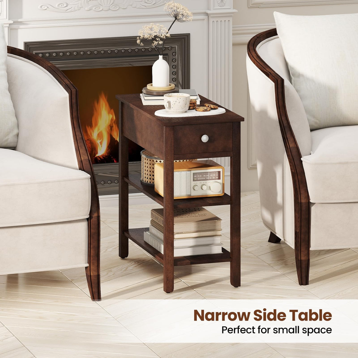 Narrow End Table Set of 2 Wood 3-Tier A3712