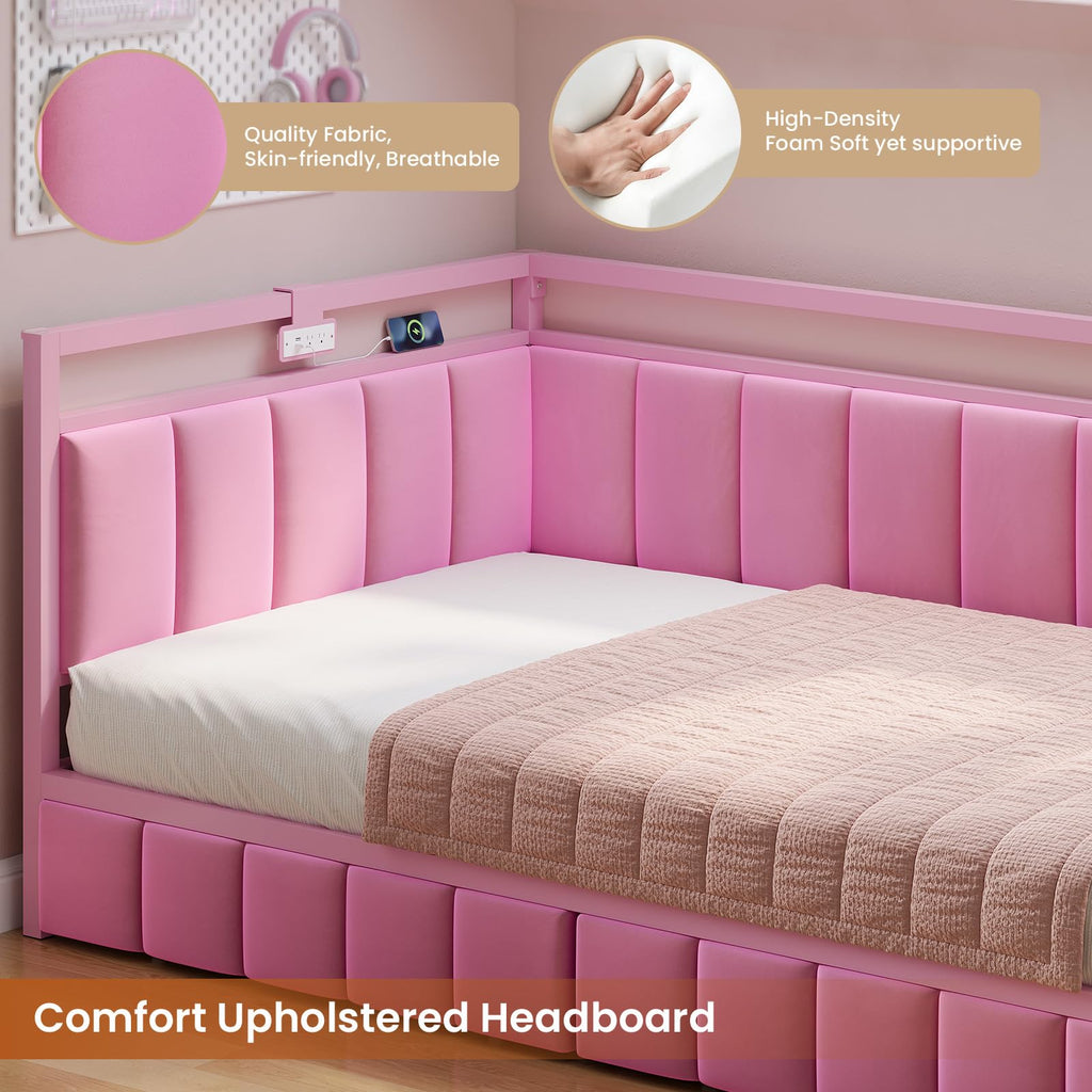 Pink Twin Size Corner Bed Frame with Storage Drawers X4667