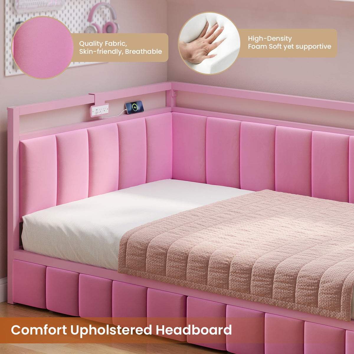 Pink Twin Size Corner Bed Frame with Storage Drawers X4667