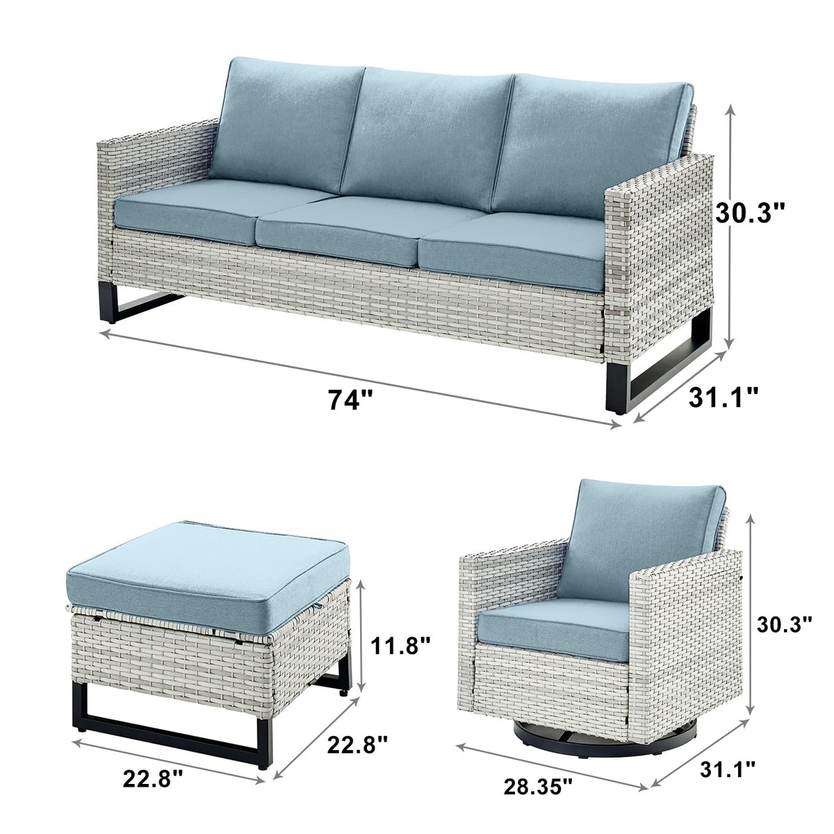 7 Piece Wicker Patio Conversation Set with Swivel Rocker Chairs and Ottoman L554