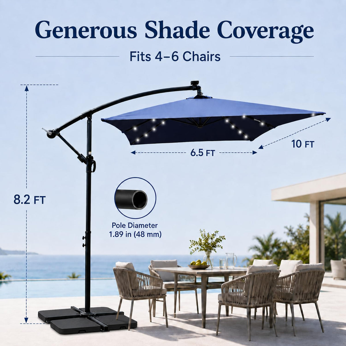 10x6.5FT Navy Blue Solar Offset Patio Umbrella F744