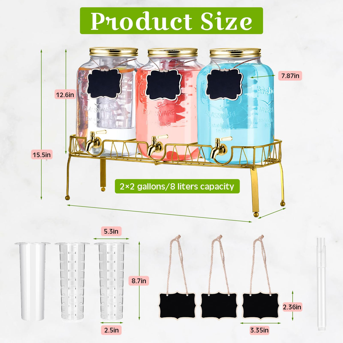 3 Pcs 2 Gallon Glass Drink Dispenser with Stand and Lid A301050
