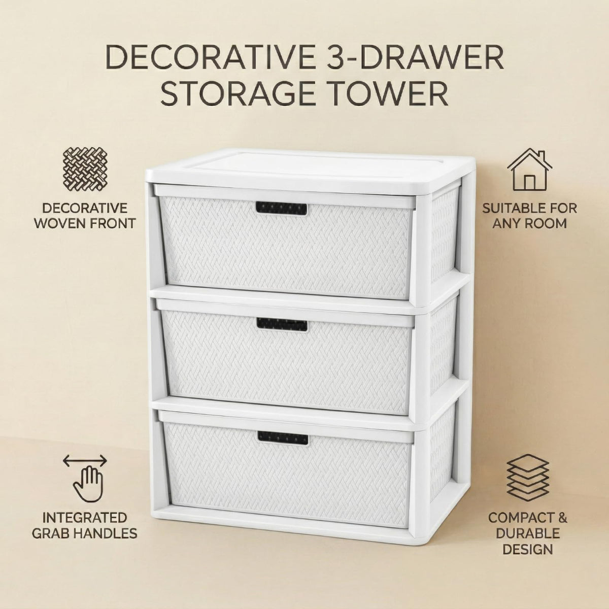 Opaque White 3-Drawer Plastic Storage Tower X522