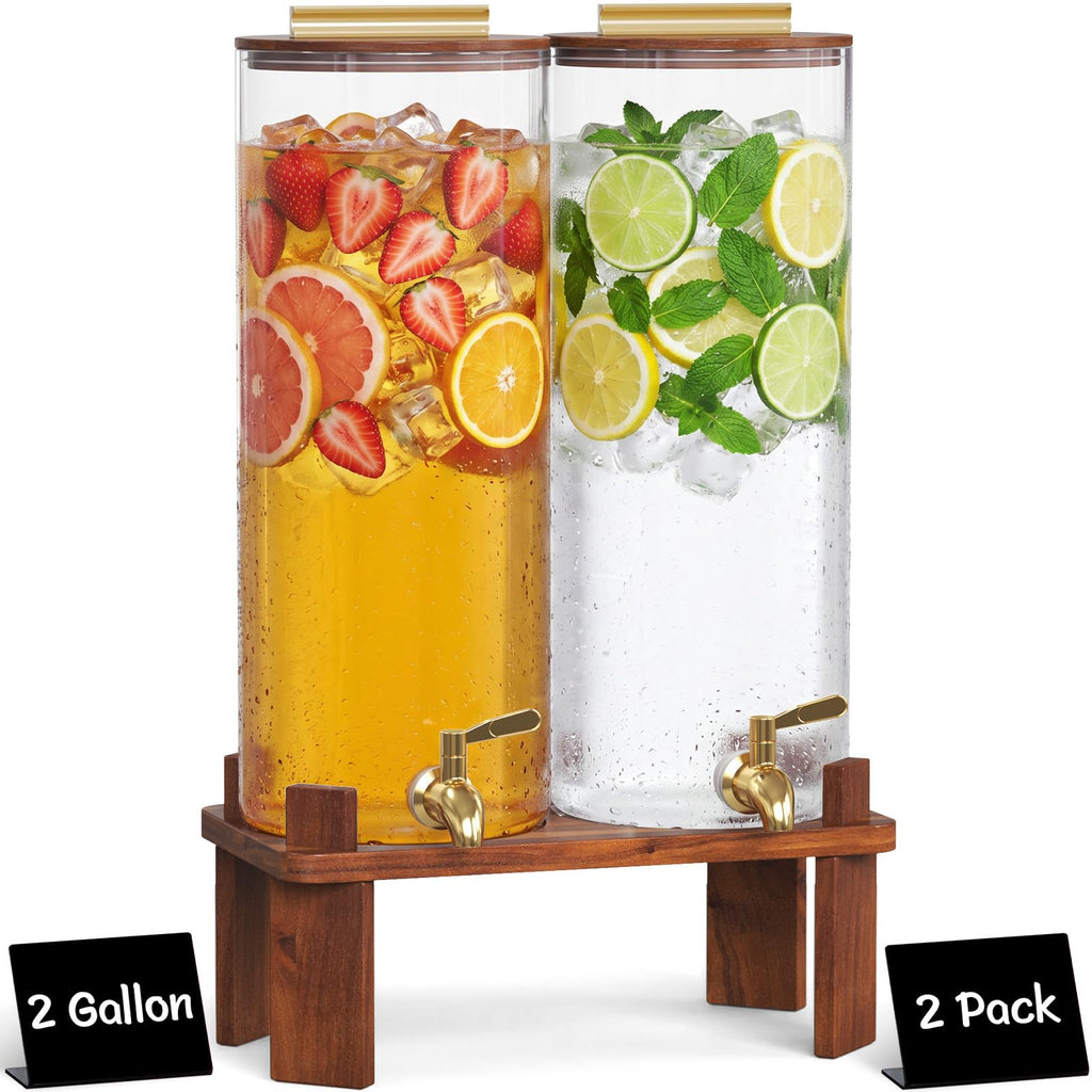 2 Gallon Glass Drink Dispenser with Wood Stand H656