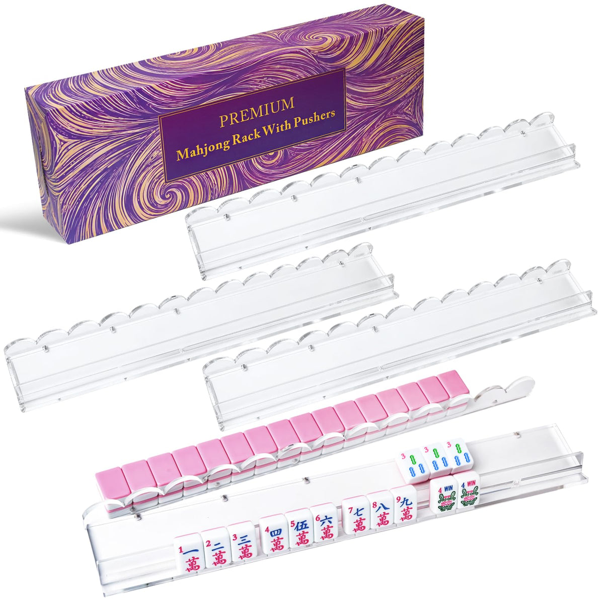 Clear Acrylic Mahjong Racks with Pushers, Set of 4 G588289