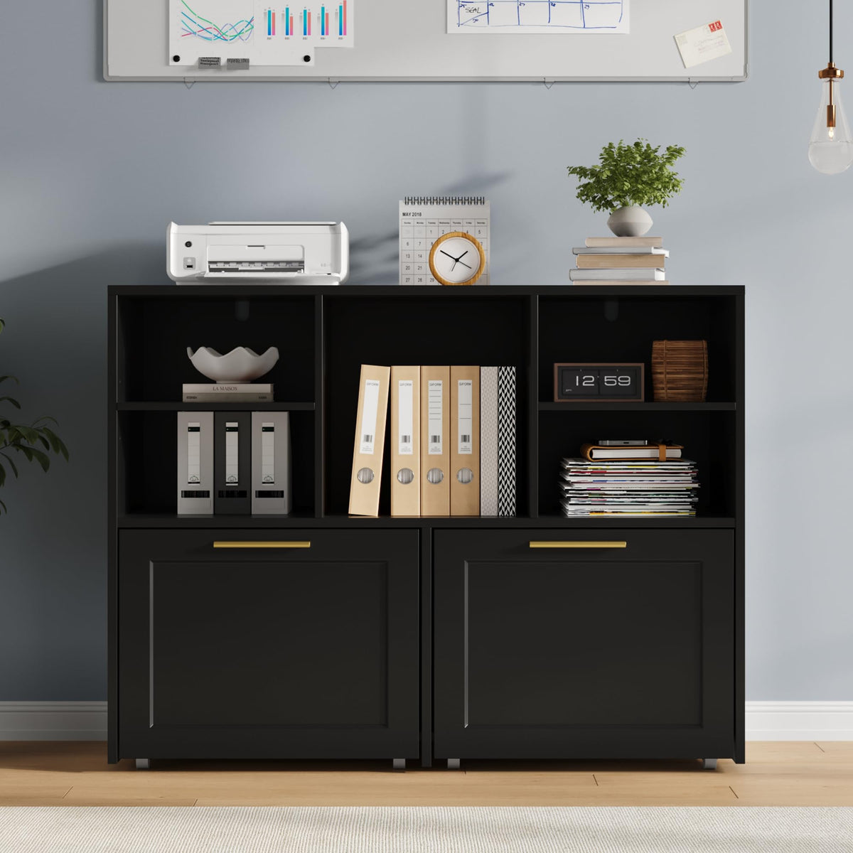 Black 2 Drawer Lateral File Cabinet with Open Storage Cubes K398