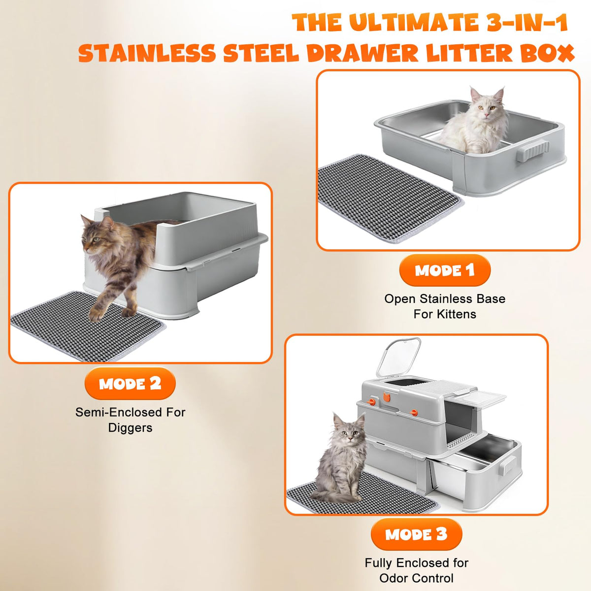 Enclosed Stainless Steel Cat Litter Box with Drawer R7234