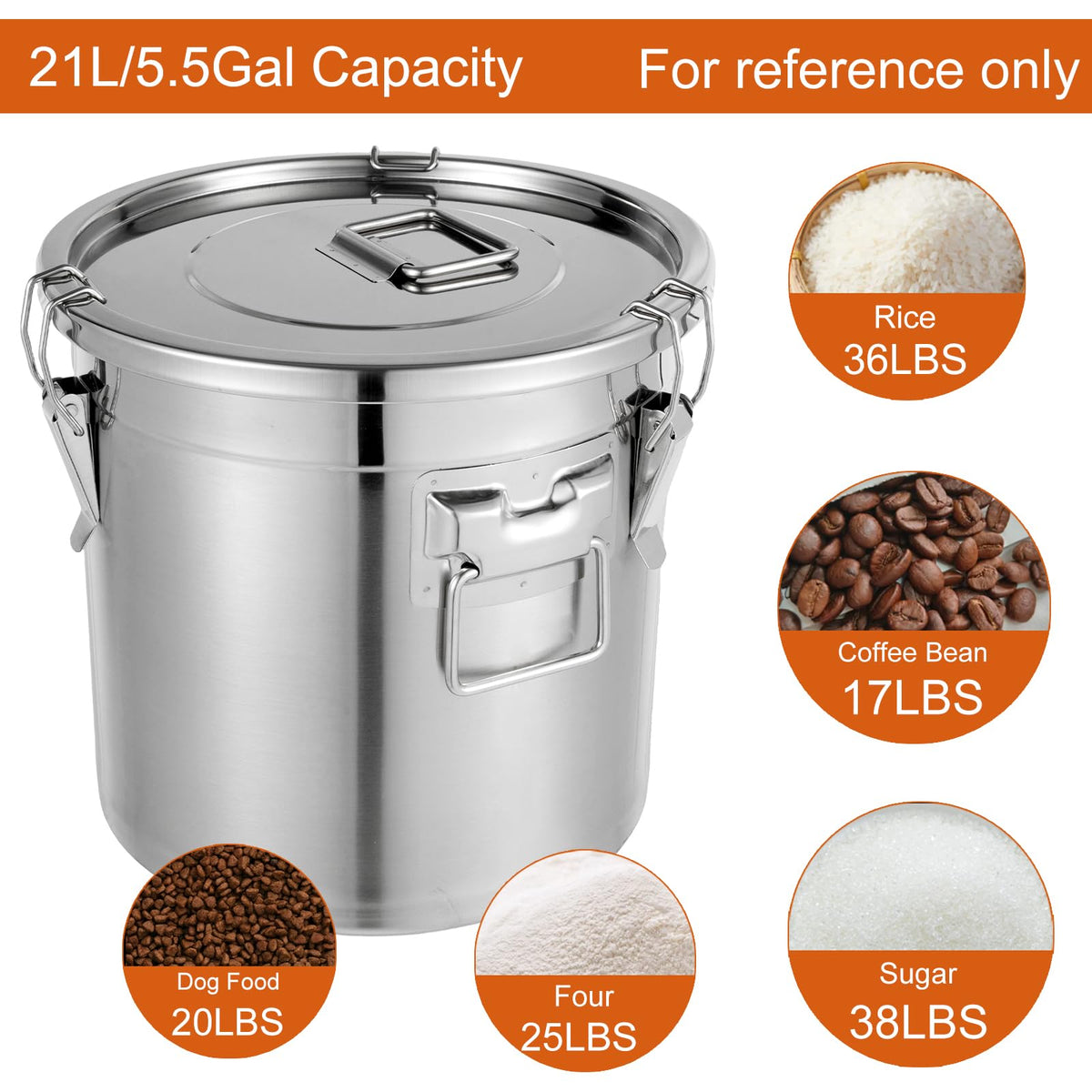 5.5Gal 304 Stainless Steel Airtight Container with Lid and Locking Clamp X738