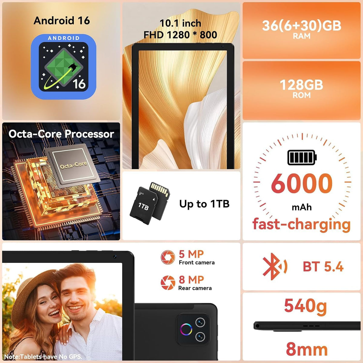 10.1" Android 16 Tablet Octa-core 36GB+128GB Dual Camera E324