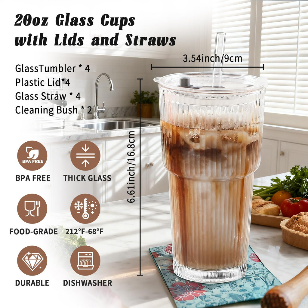 20oz Ribbed Glass Tumbler Set with Lids and Straws, 2 Pack U6176