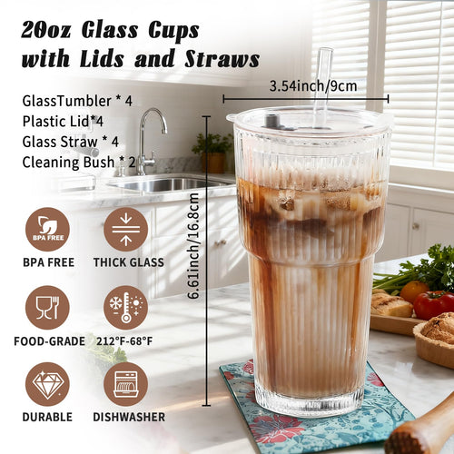 20oz Ribbed Glass Tumbler Set with Lids and Straws, 2 Pack U6176