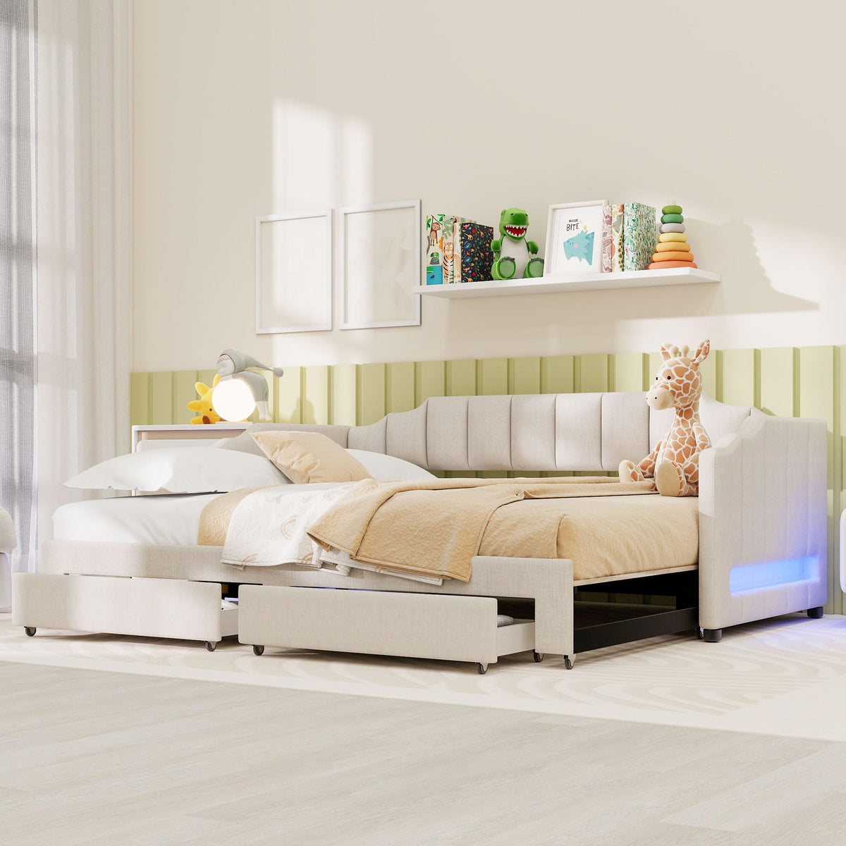 Twin XL to King Size Upholstered Daybed with Trundle and 2 Storage Drawers F882892