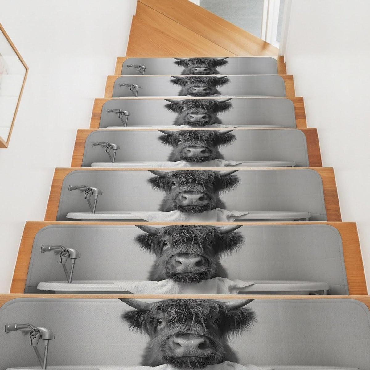 Highland Cow Non Slip Carpet Stair Treads Set of 4 Grey 30"x8" H9187