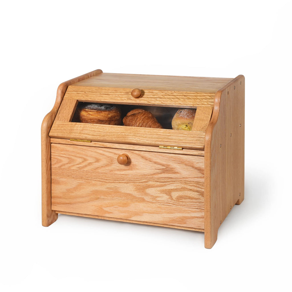 Solid Wood Oak Bread Box with Clear Window Q3411