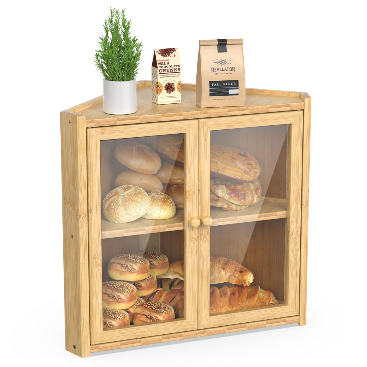 Double Layer Bamboo Bread Box with 2 Doors I750
