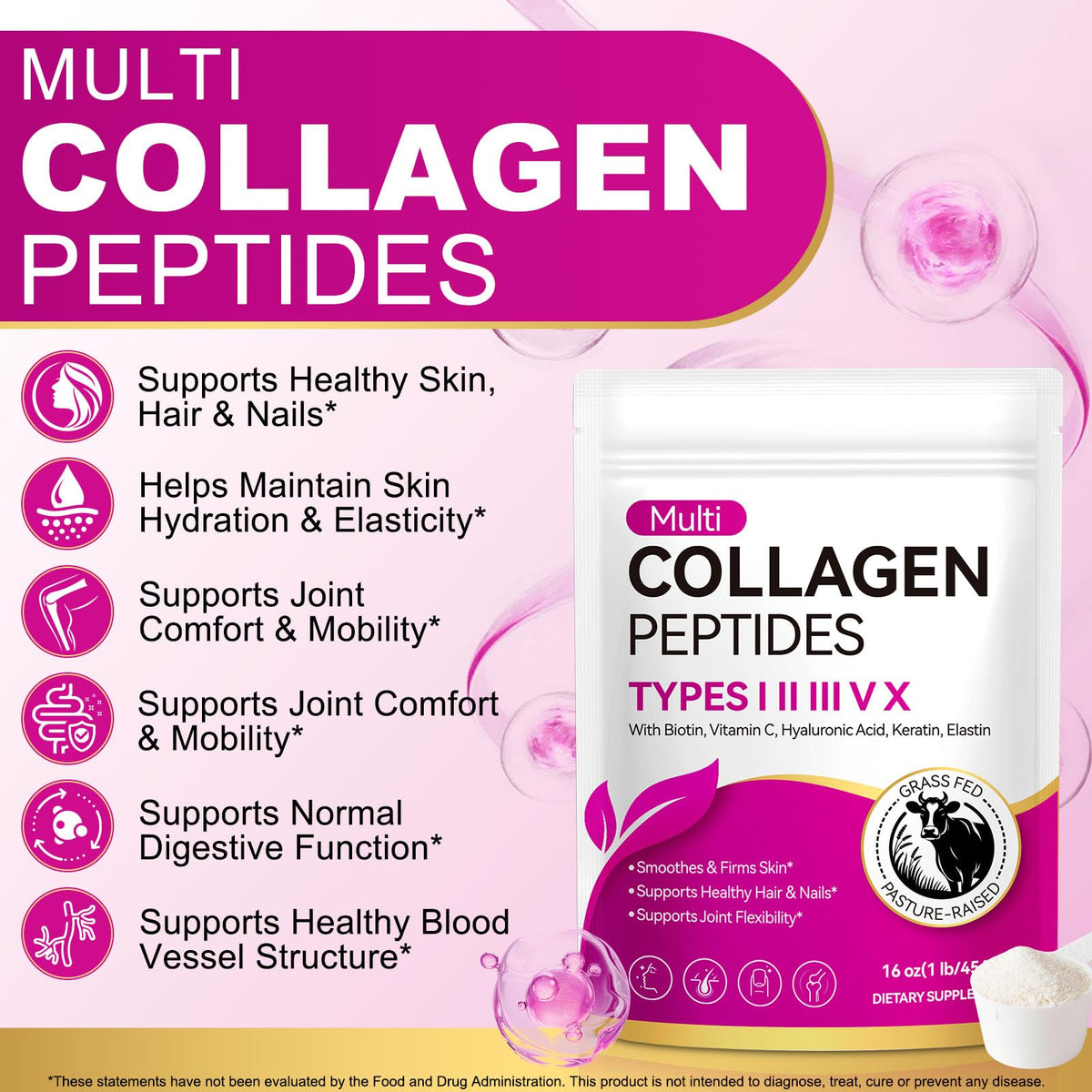 Multi Collagen Peptides Powder Types I II III V X Grass Fed Hydrolyzed H435803